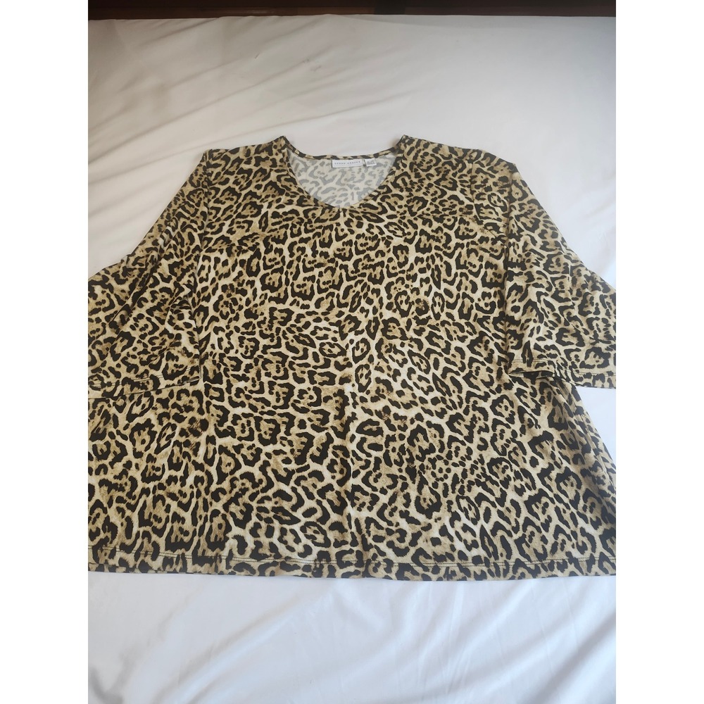 Susan Graver Liquid Knit Leopard Print V-Neck Elbow Sleeve Top‎ Brown Tan 3X